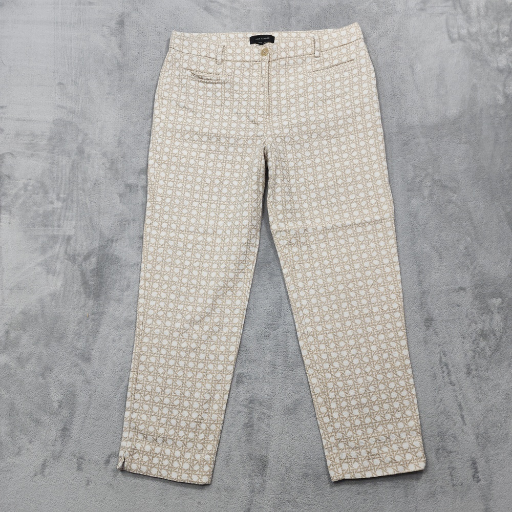 Ann Taylor Pants Womens 6 Beige Geometric Twill Slim Ankle Stretch Office Casual